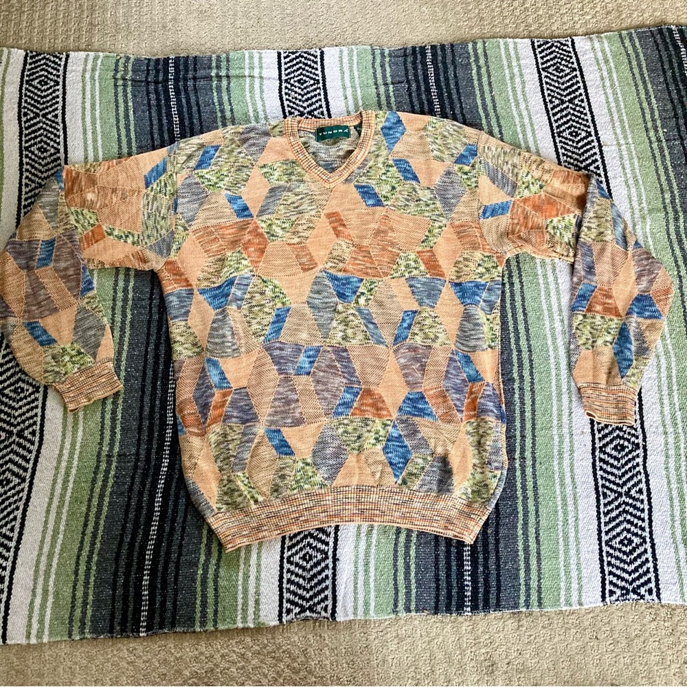 Vintage Tundra Geometric Patchwork Pattern Sweate… - image 1